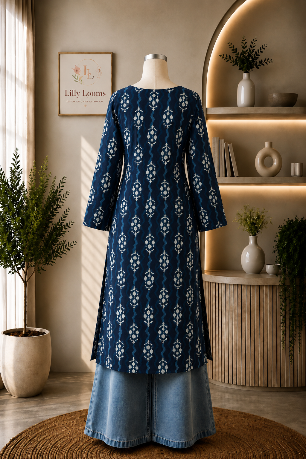 Deep Blue Cotton Long Straight Kurti