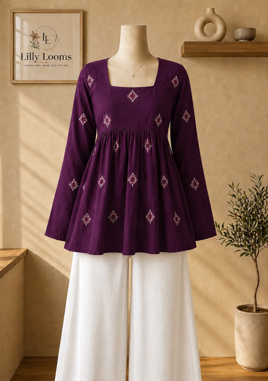 Wine Khadi Cotton Short Peplum Top