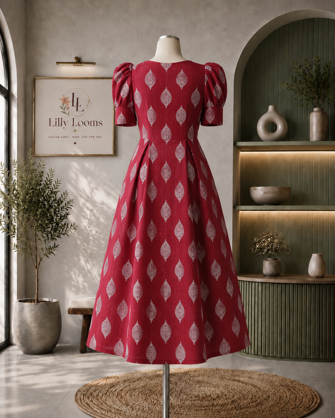 Maroon Leaf Cotton Midi Dress