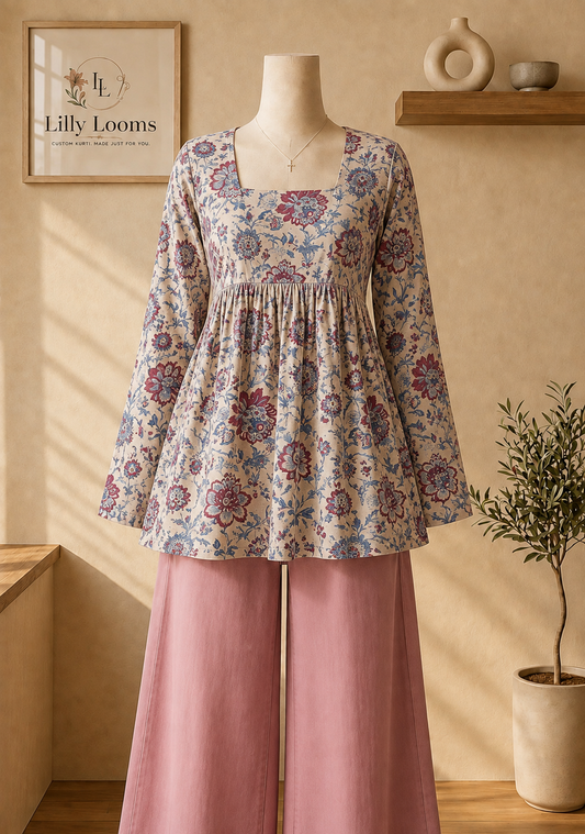 Cream Floral Cotton Short Peplum Top
