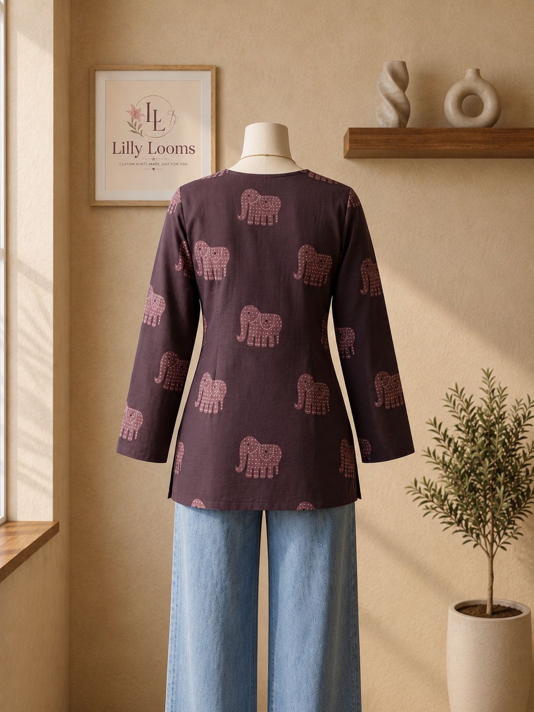 Wine Elephant Printed Cotton Short Kurti