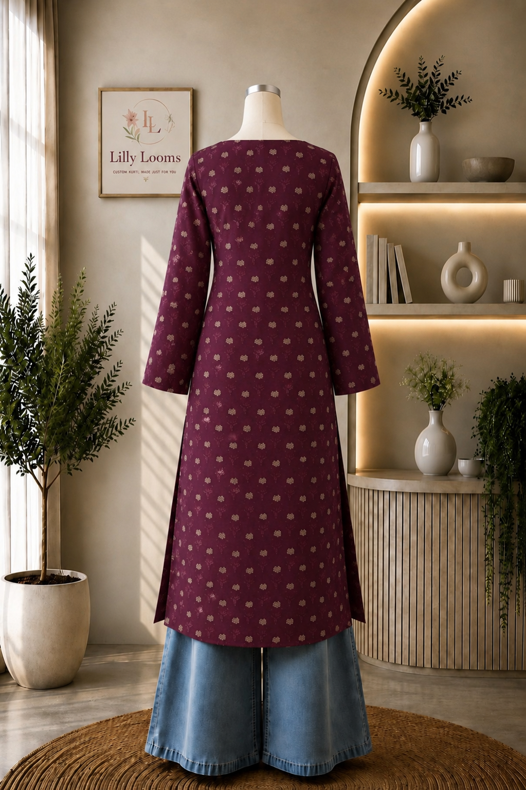 Wine Motif Cotton Long Straight Kurti