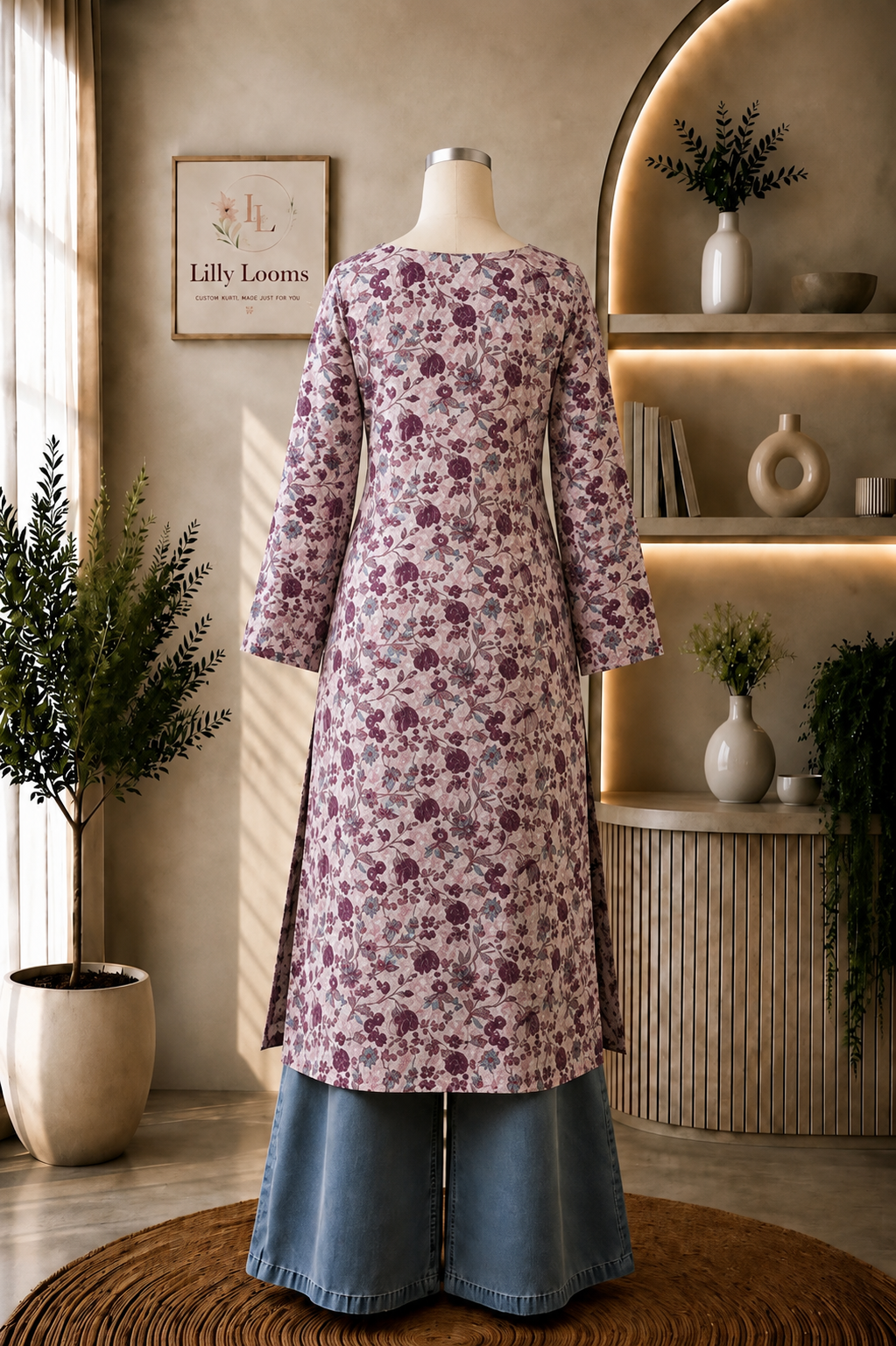 Mauve Floral Cotton Long Straight Kurti
