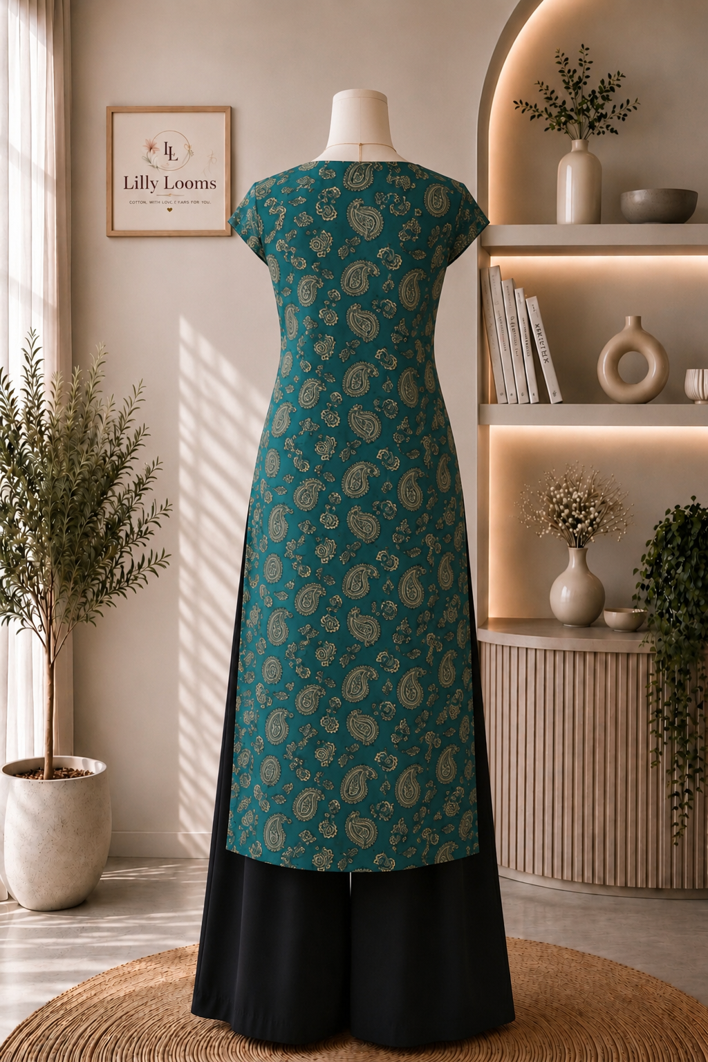 Teal Paisley Cotton Long Straight Kurti
