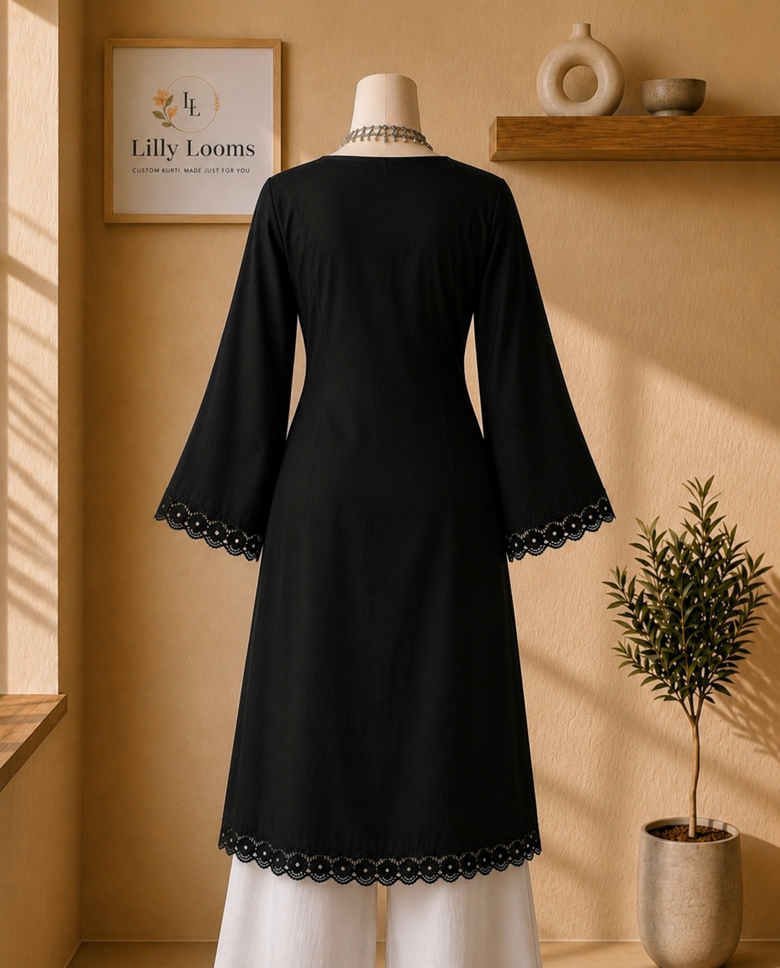 Black Cotton Lace Long Kurti