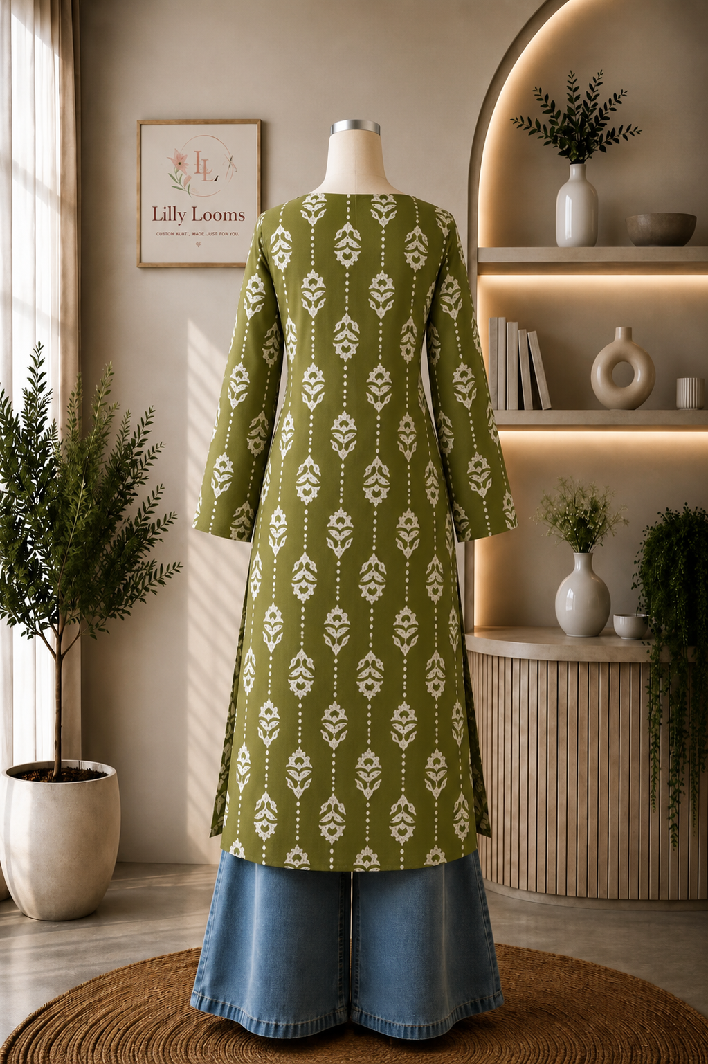 Olive Green Cotton Long Straight Kurti