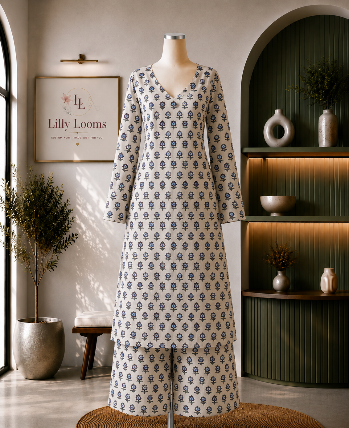 White Blue Small Flower Printed Cotton Co-ord Set