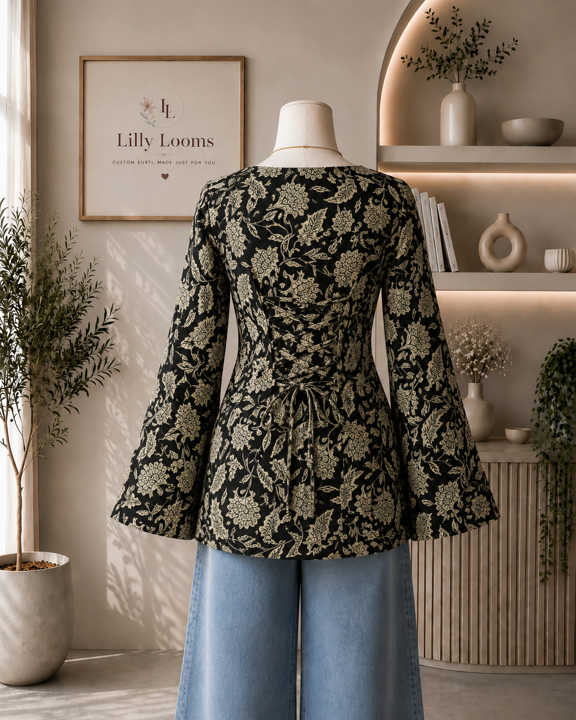 Black Kalamkari Cotton Short Kurti With Corset Back