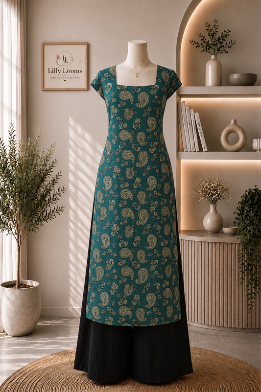 Teal Paisley Cotton Long Straight Kurti