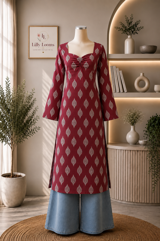 Maroon Leaf Cotton Long Straight Kurti