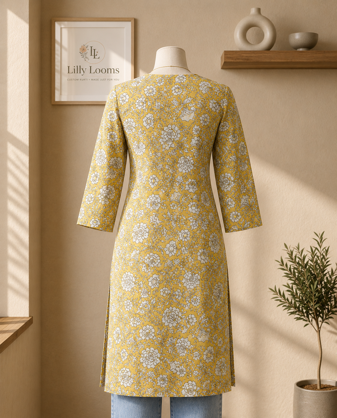 Mustard Floral Soft Cotton Long Kurti