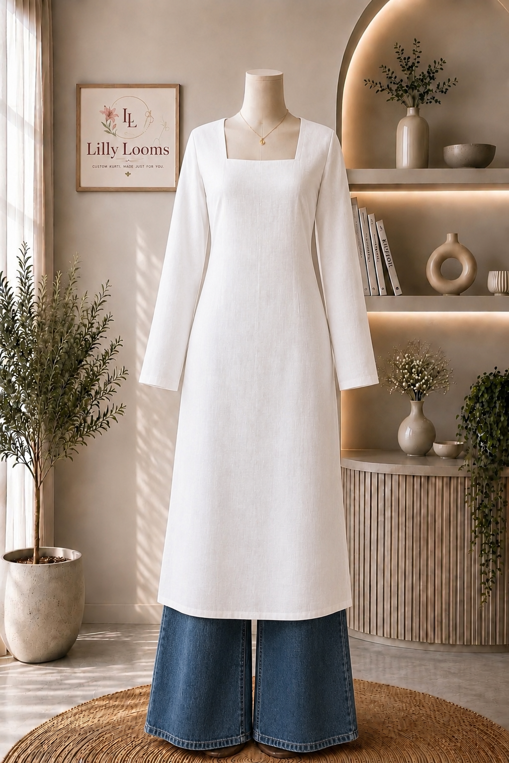 White Cotton Flex Long Straight Kurti