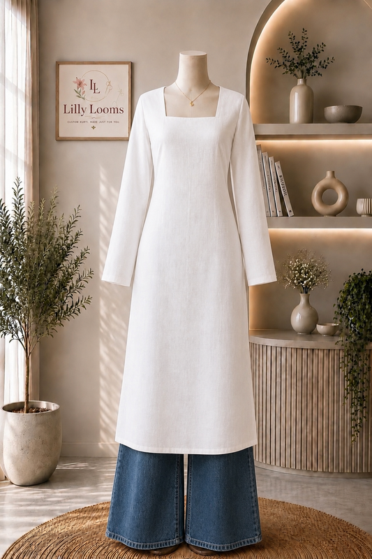 White Cotton Flex Long Straight Kurti