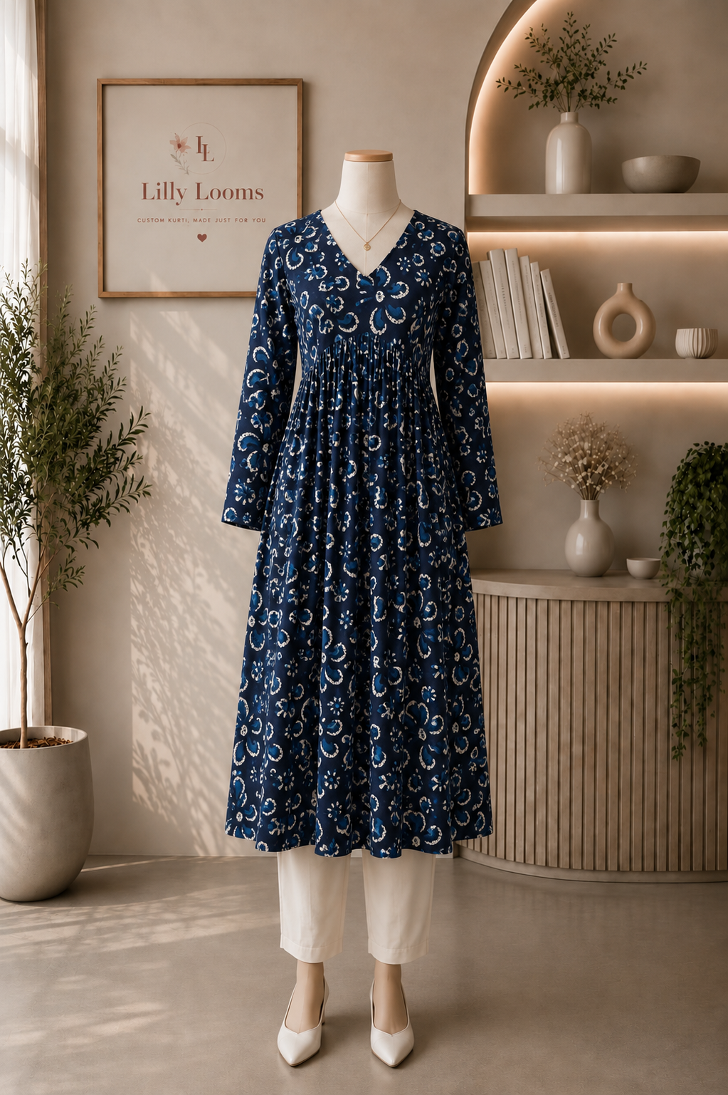 Navy Blue Floral Alia Cut Kurti
