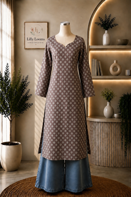 Coffee Brown Cotton Kantha Long Straight Kurti