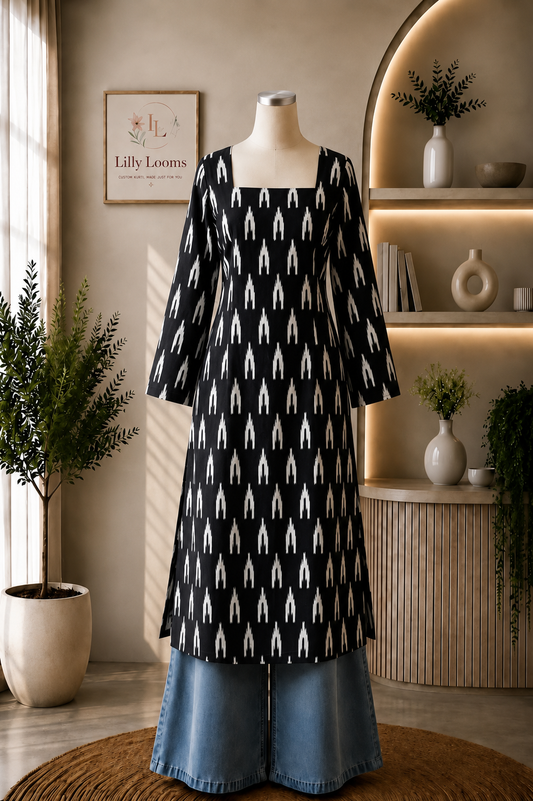Black Ikkath Printed Cotton Long Straight Kurti