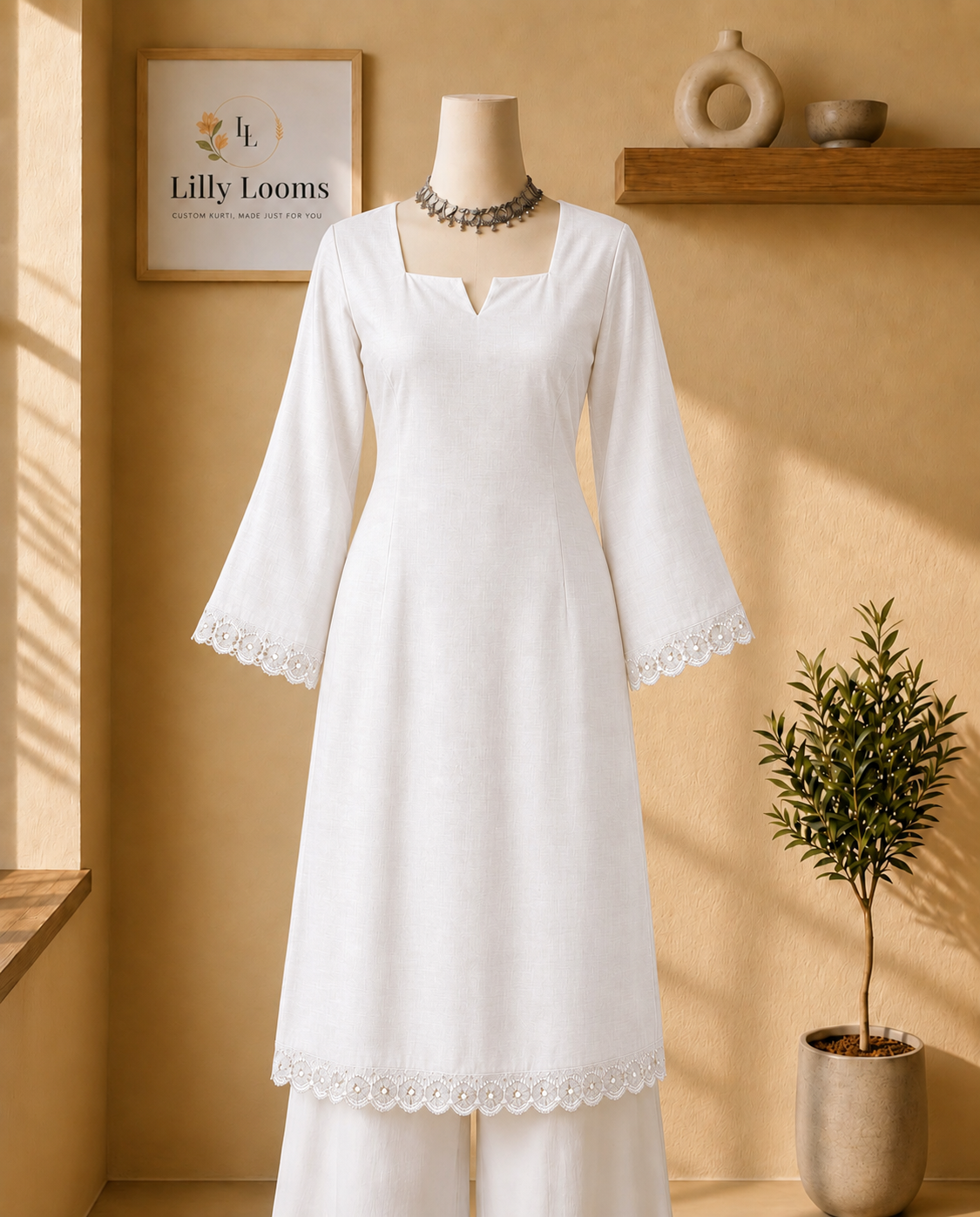 White Cotton Lace Long Kurti