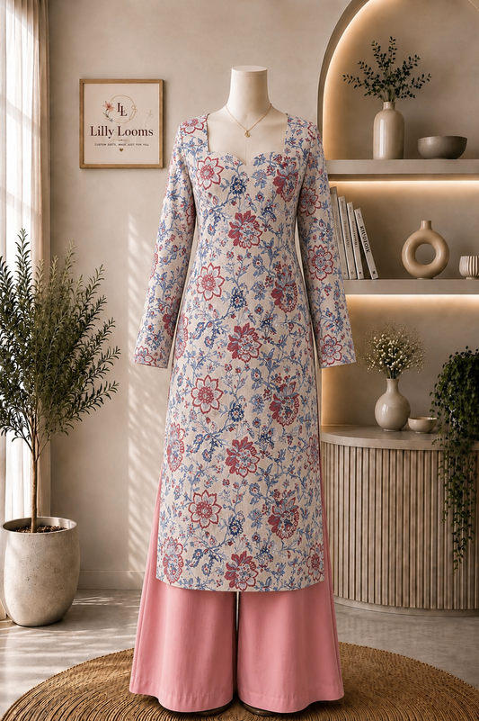 Floral Khadi Cotton Long Straight Kurti