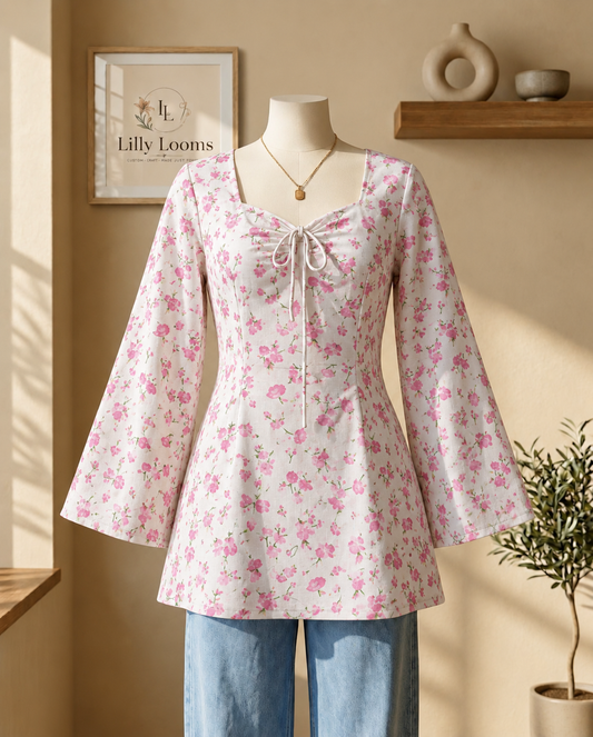 Tie-Up Pink Blossom Soft Cotton Short Kurti