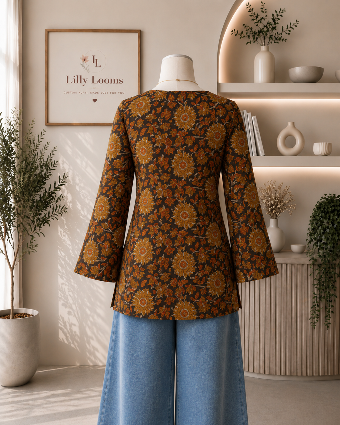 Black Kalamkari Handlock Printed Cotton Short Kurti
