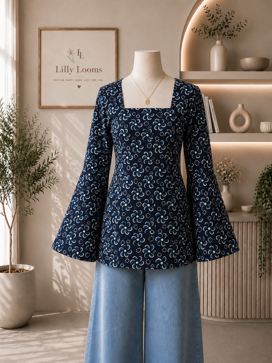 Deep Blue Floral Cotton Short Kurti
