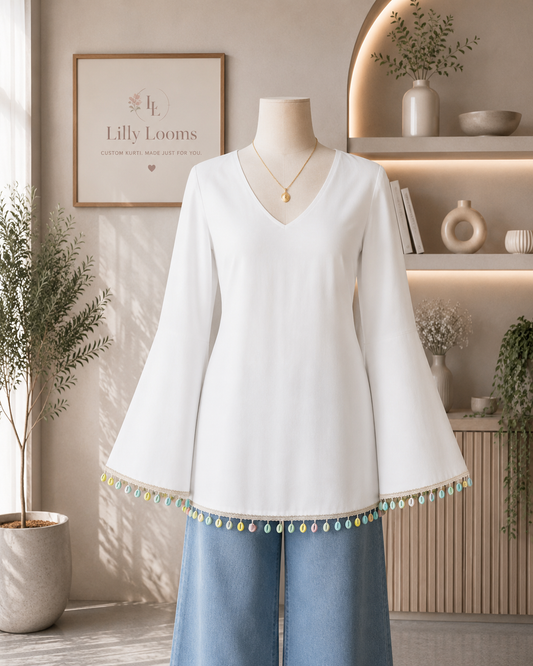 Solid White Cotton Short Kurti With Multicolour Kodi Lace