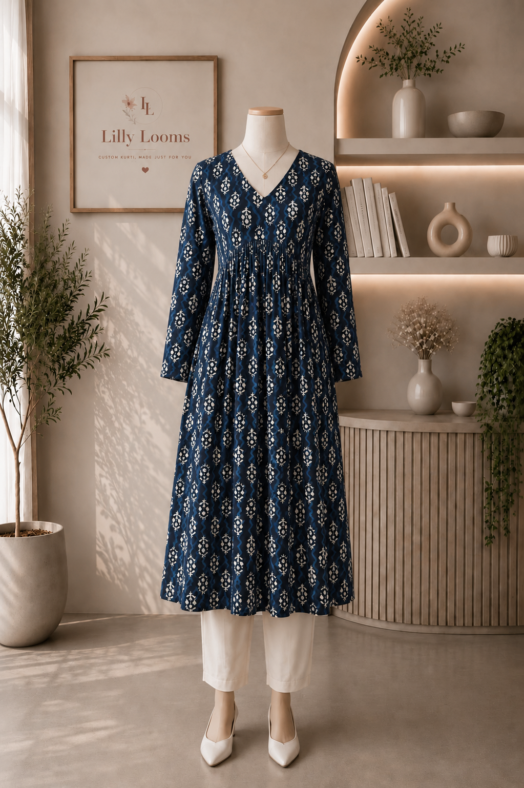 Navy Blue Cotton Alia Cut Kurti