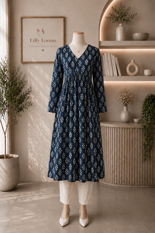 Navy Blue Cotton Alia Cut Kurti