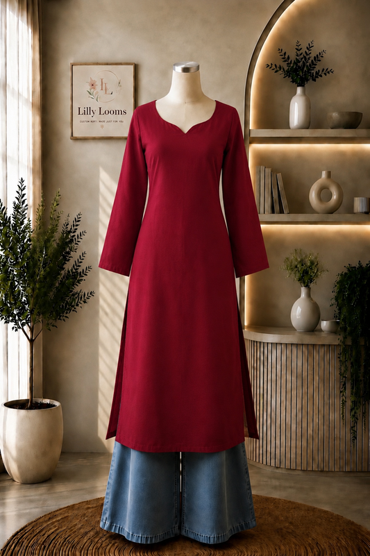 Solid Red Cotton Long Straight Kurti