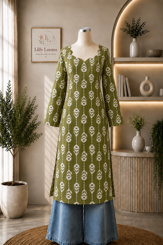Olive Green Cotton Long Straight Kurti