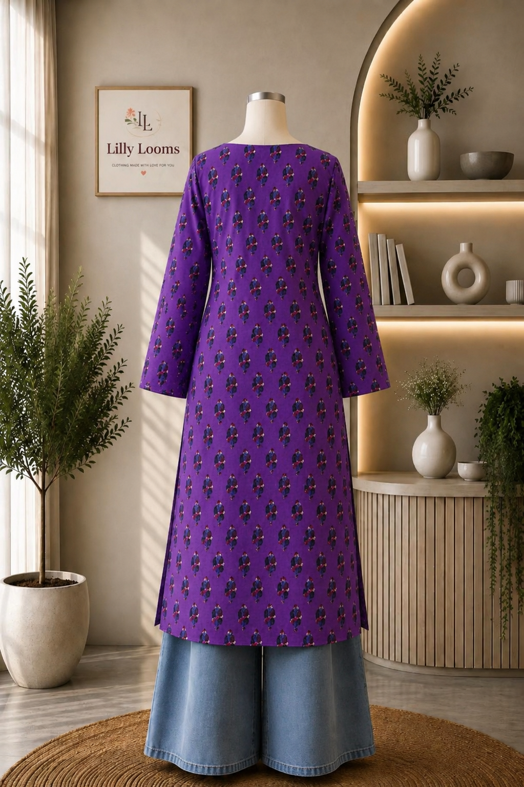Purple Cotton Long Straight Kurti