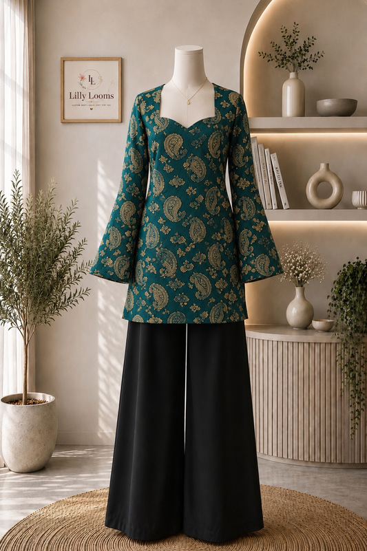 Teal Paisley Cotton Short Kurti