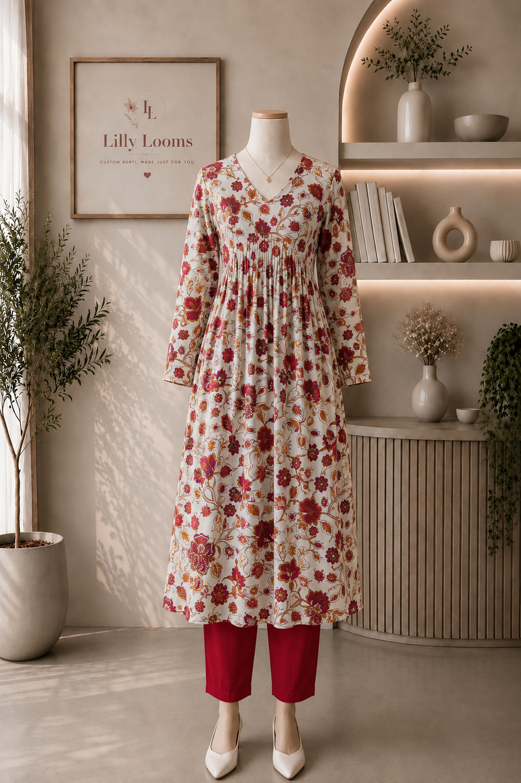 White Red Floral Cotton Alia Cut Kurti