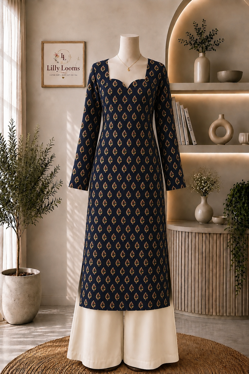 Deep Blue Cotton Long Straight Kurti