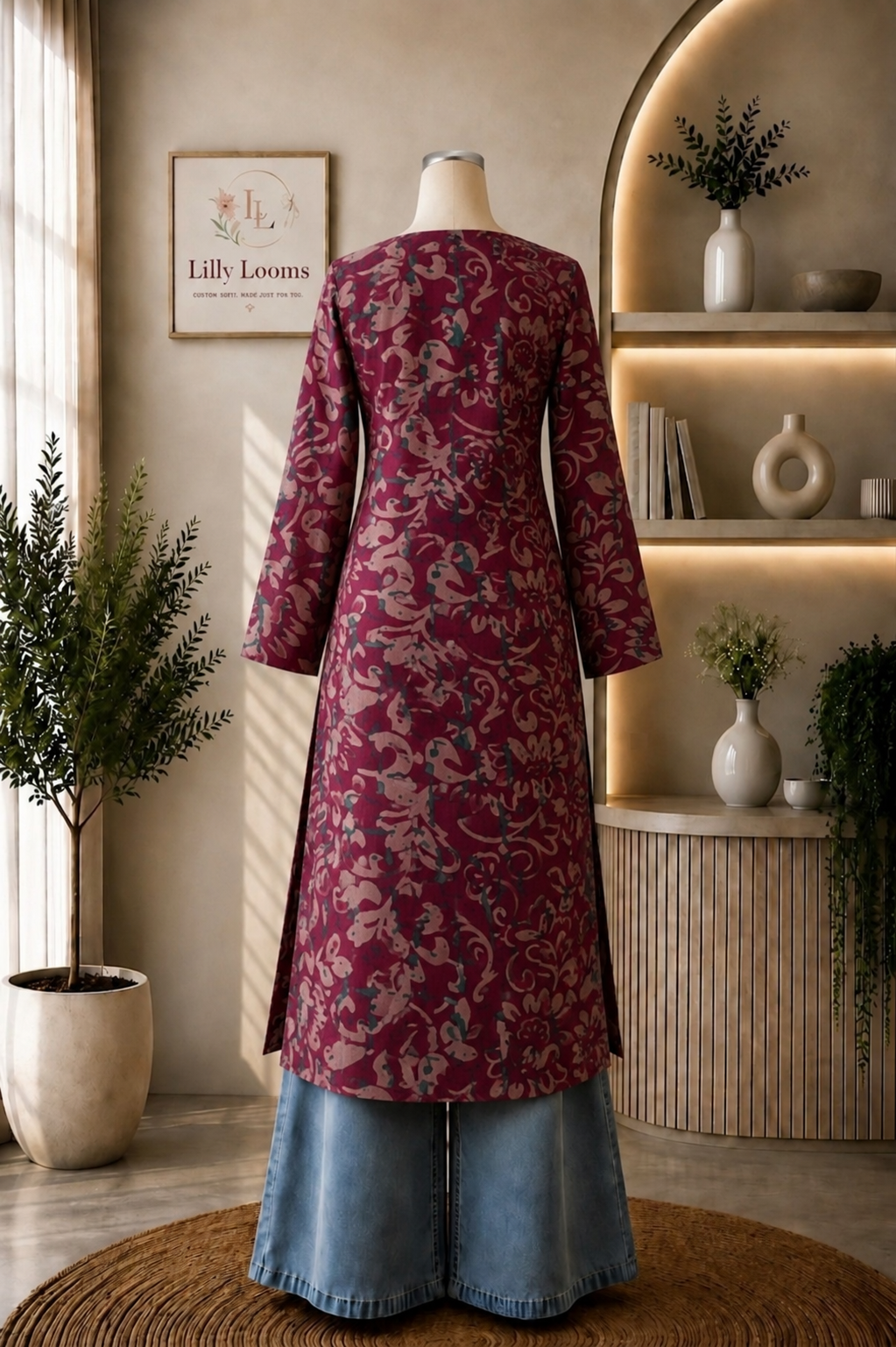 Berry Bloom Cotton Long Straight Kurti