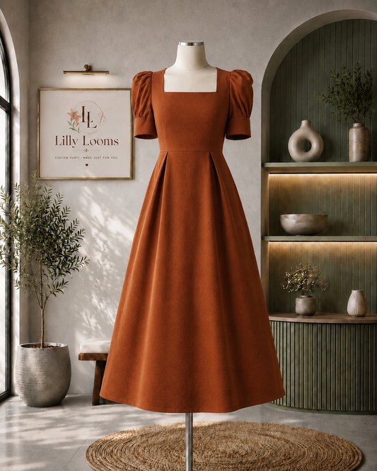 Rust Premium Cotton Flex Midi Dress