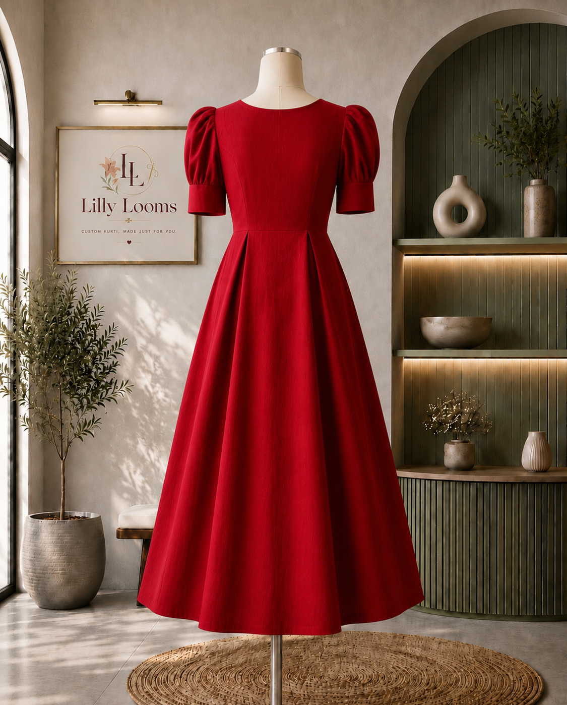 Red Premium Cotton Flex Midi Dress