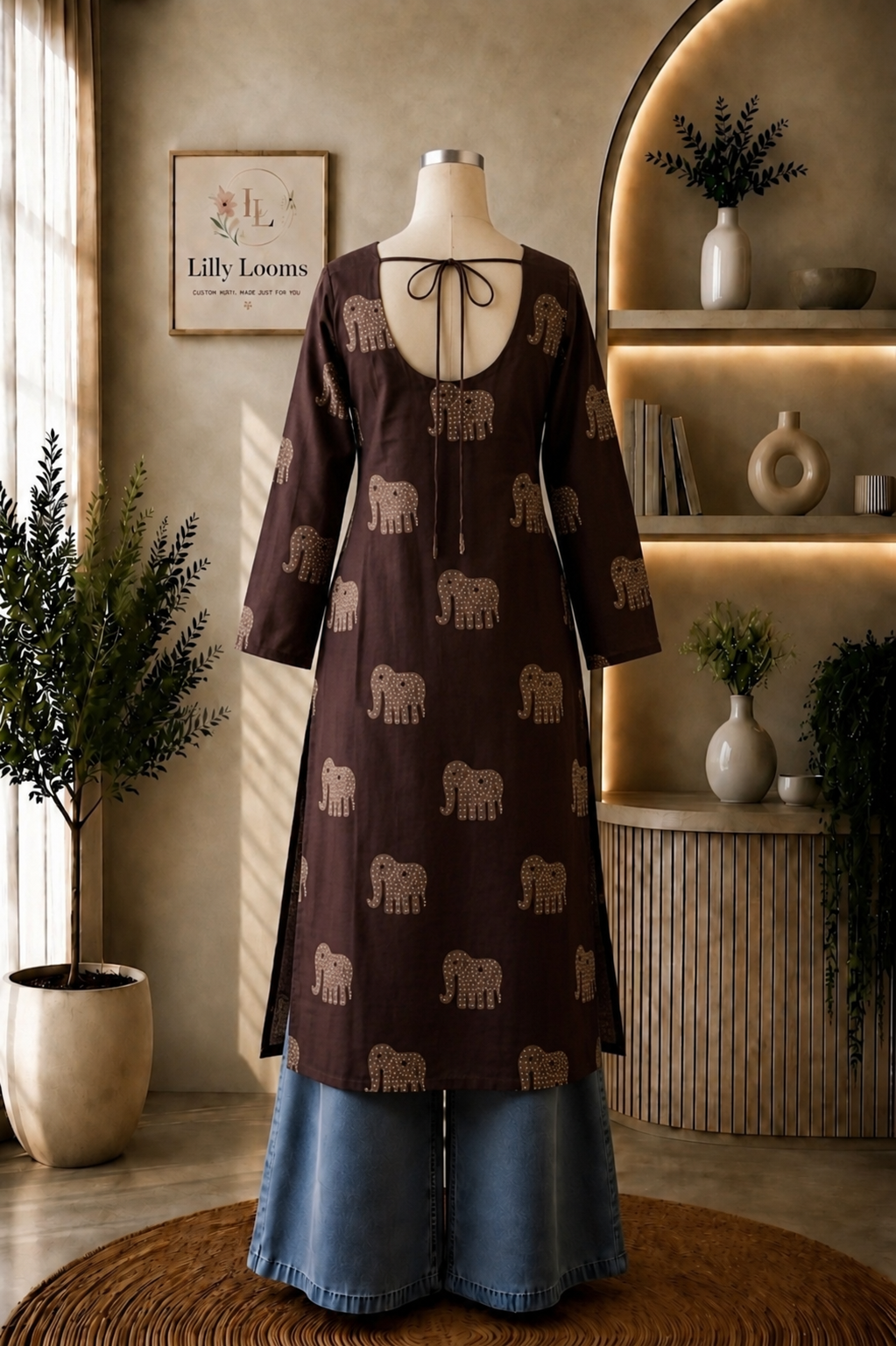 Wine Elephant Printed Cotton Long Straight Kurti