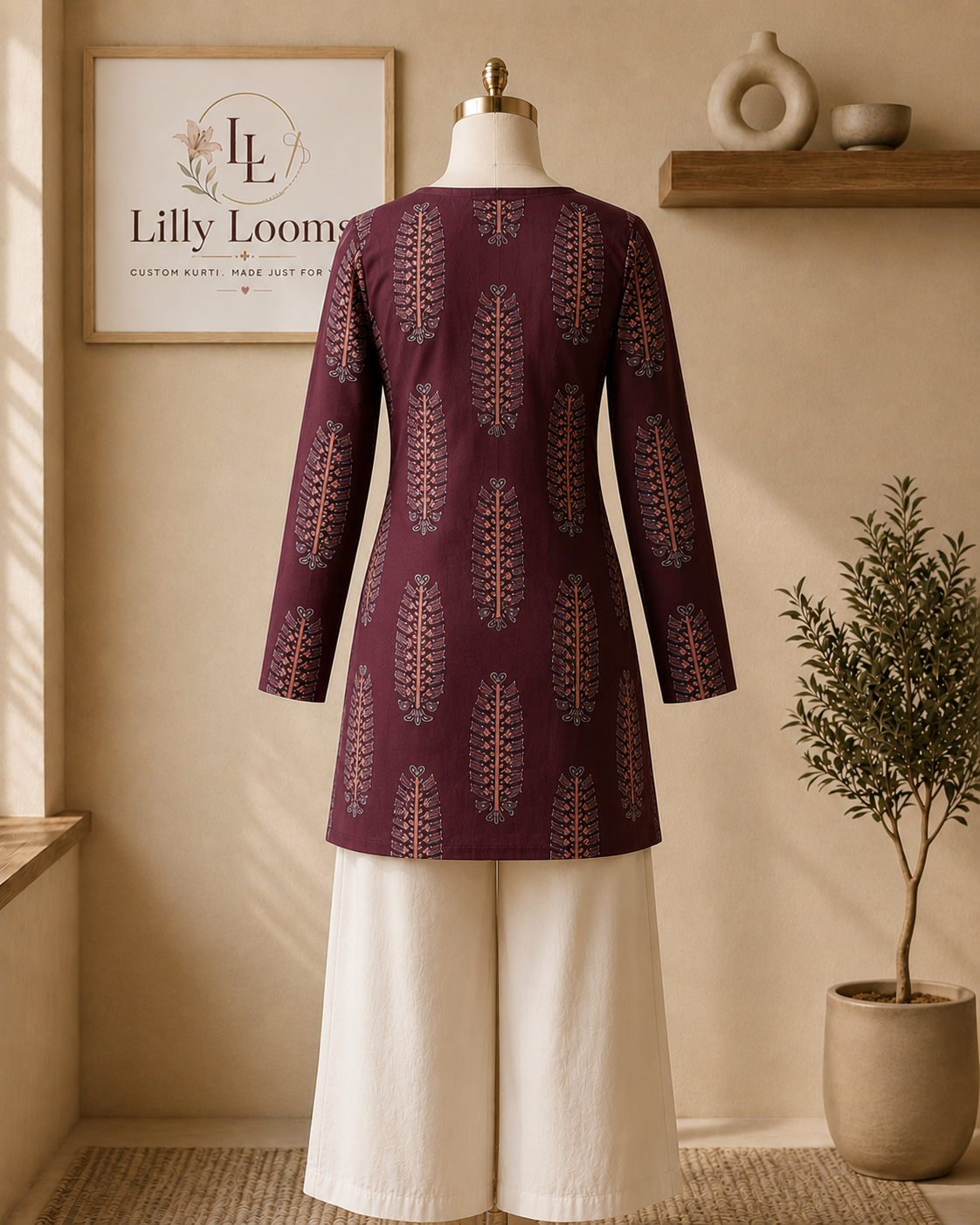 Brown Big Leaf Cotton Short Kurti