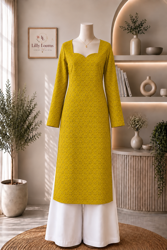 Mustard Cotton Hakoba Long Straight Kurti