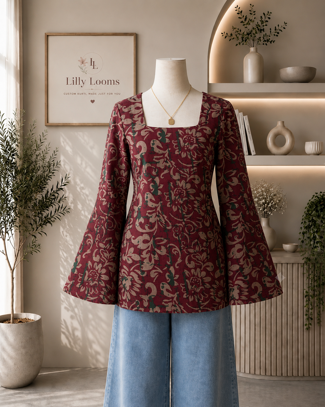 Deep Pink Floral Cotton Short Kurti