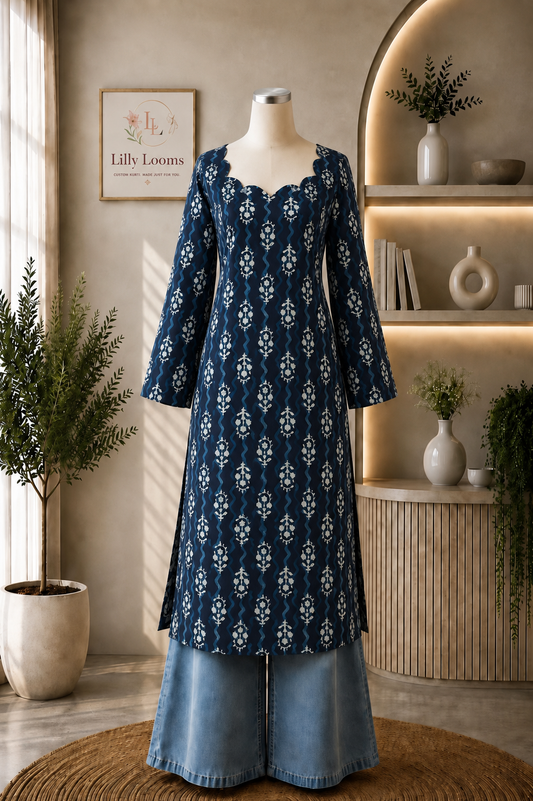Deep Blue Cotton Long Straight Kurti