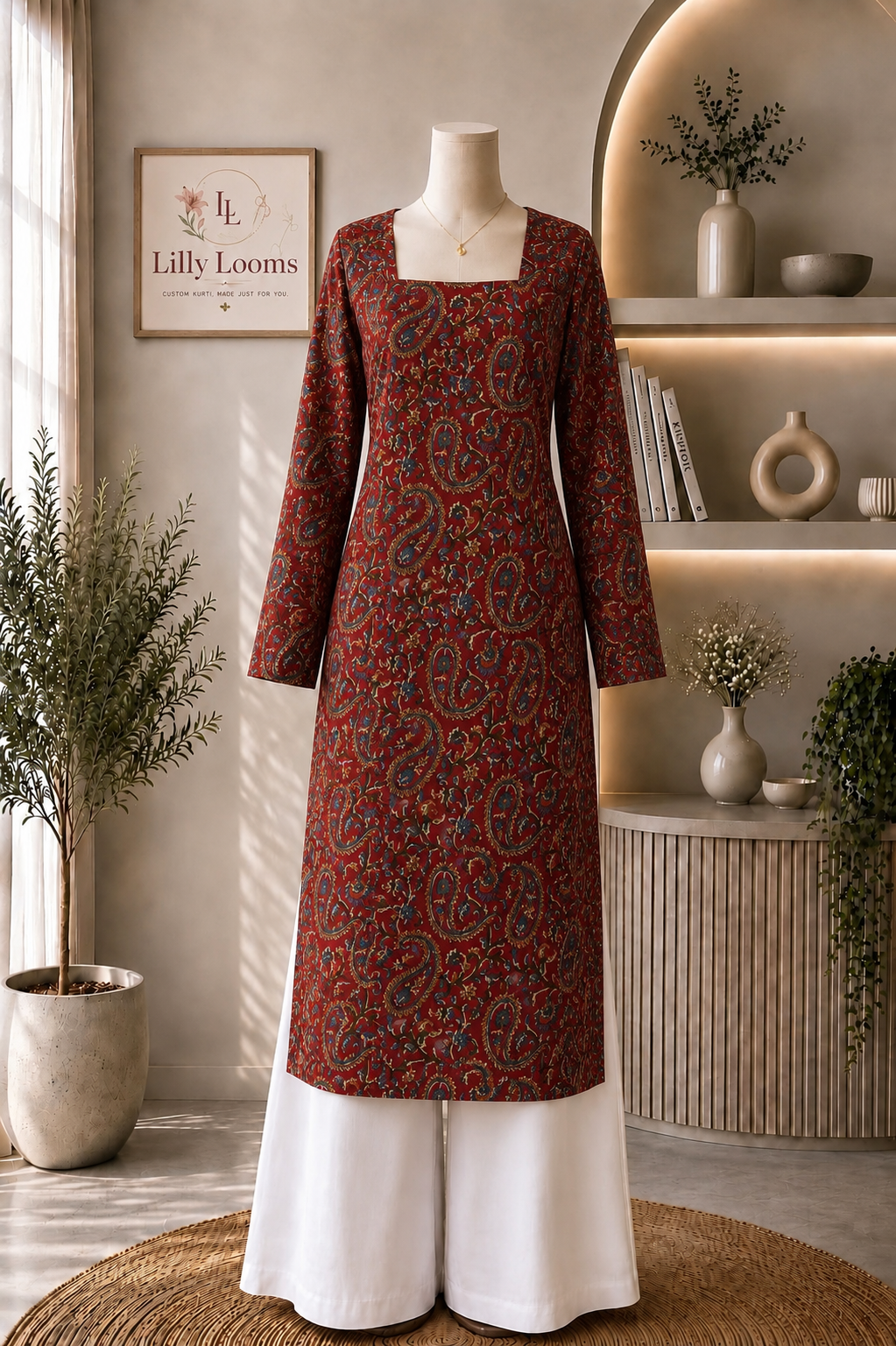 Red Paisley Cotton Long Straight Kurti