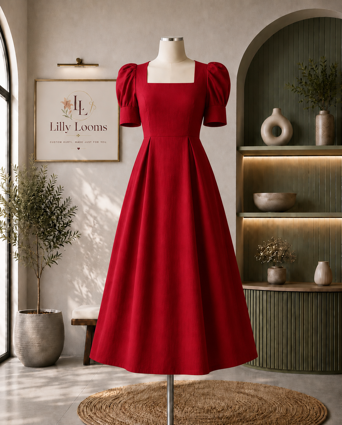 Red Premium Cotton Flex Midi Dress