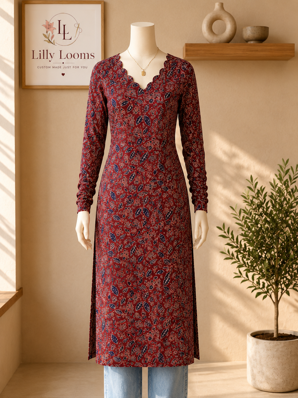 Maroon Floral Cotton Long Kurti