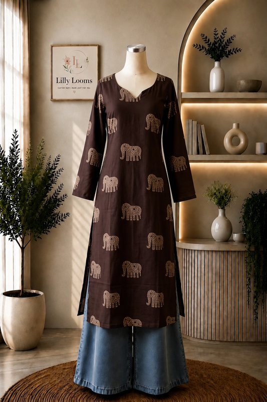 Wine Elephant Printed Cotton Long Straight Kurti