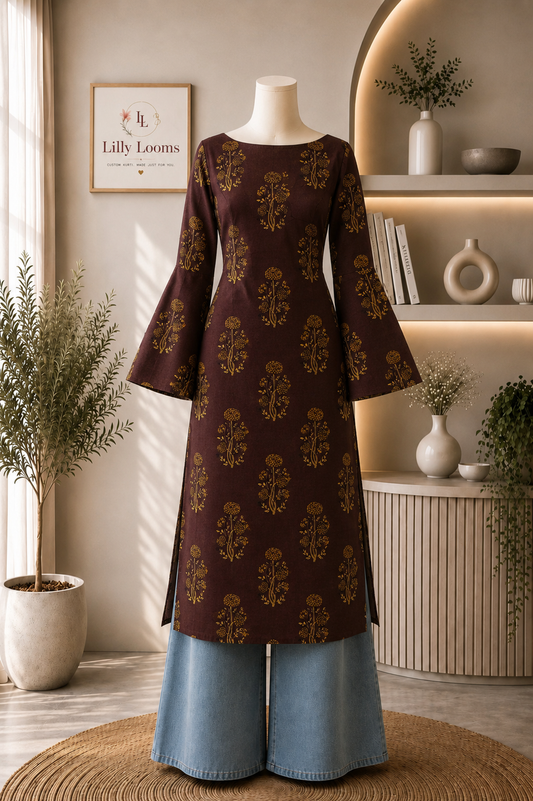 Wine Cotton Long Straight Kurti