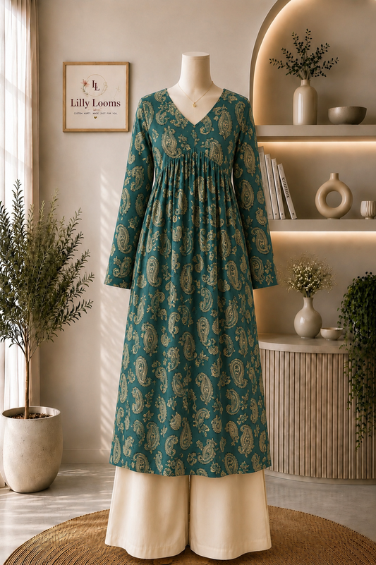 Teal Paisley Alia Cut Kurti