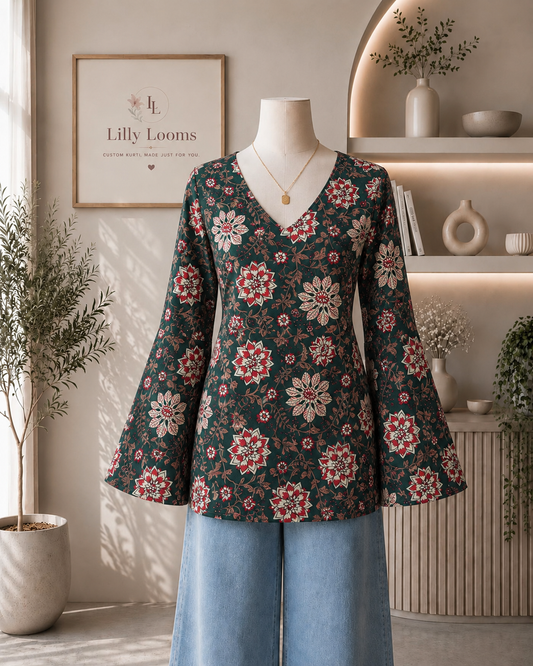Green Floral Cotton Short Kurti
