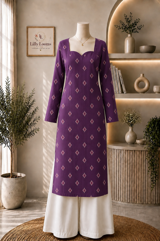 Wine Khadi Cotton Long Straight Kurti